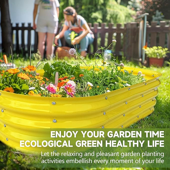 Raised Garden Bed 4x2x1ft Large Galvanized Raised Garden Beds Kit 1Pack Outdoor Yellow Planter Box with Rubber Stripe and Safety Gloves for Vegetables, Fruits, Flowers