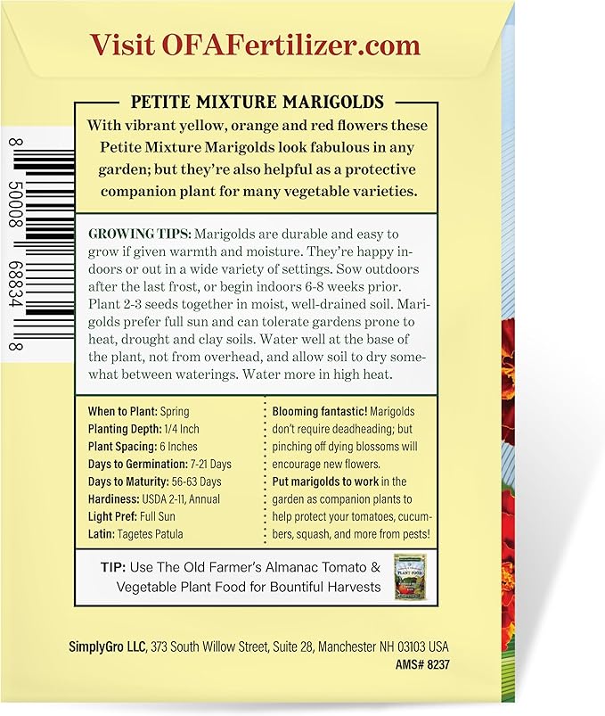 The Old Farmer's Almanac Petite Mixture Marigold Seeds - Premium Non-GMO, Open Pollinated, USA Origin (5 Packets - 5 Grams - Approx 1000 Seeds)