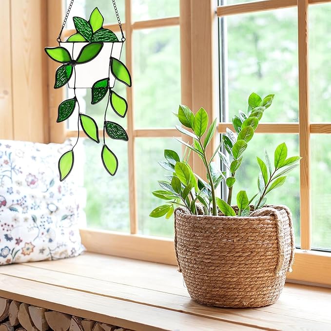 Stained Glass Window Hanging Green Plant Window Suncatcher Handcrafted Green Faux Plant Window Wall Glass Panel Decor for Plant Lovers,Unique Home Indoor&Outdoor Decor
