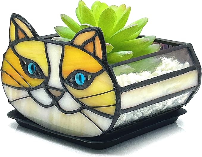 Stained Glass Yellow Cat Flower Pot,Small Succulent Planter for Indoor Plants,Cat Plant Decoration for Windowsill 4.33x3.54x2.95 in(Excluding Plants)