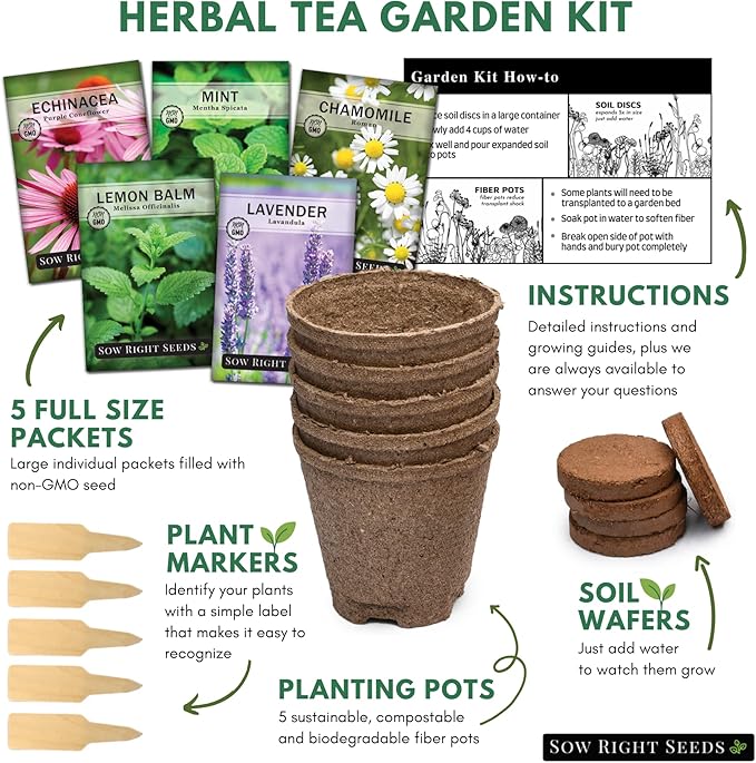 Sow Right Seeds - Herbal Tea Garden Grow Kit - 5 Seed Packets, Instructions, Pots, Potting Soil, Markers - Start Growing Lavender Lemon Balm Echinacea Chamomile Mint Indoors - Non GMO Gift for Women