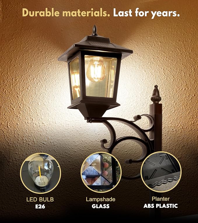 Outdoor Flower Pots 2 in 1, Outdoor Planter, Solar Lamp Post Lights Outdoor, Wall Mount or Freestanding Waterproof Solar Post Decorative Lamp for Lawn Patio Front/Back Door(Flowers not Included)