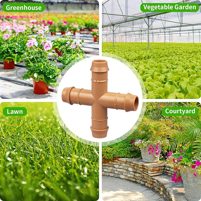 Drip Irrigation Parts Cross Connector, 12 Pack Drip Irrigation Four Way Line Connector Fittings Fits for 1/2" inch Drip Tubing Barbed Irrigation Fittings for Patio Lawn Garden