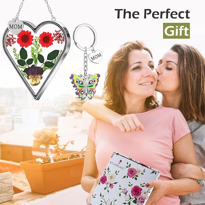 KY&BOSAM Heart Suncatcher Mom Gifts Glass Butterfly Suncatchers for Window Hanging with Pressed Flower Between Heart in Glass and Metal Charm Gifts for Mom Mother's Day Valentine's Birthday Christmas