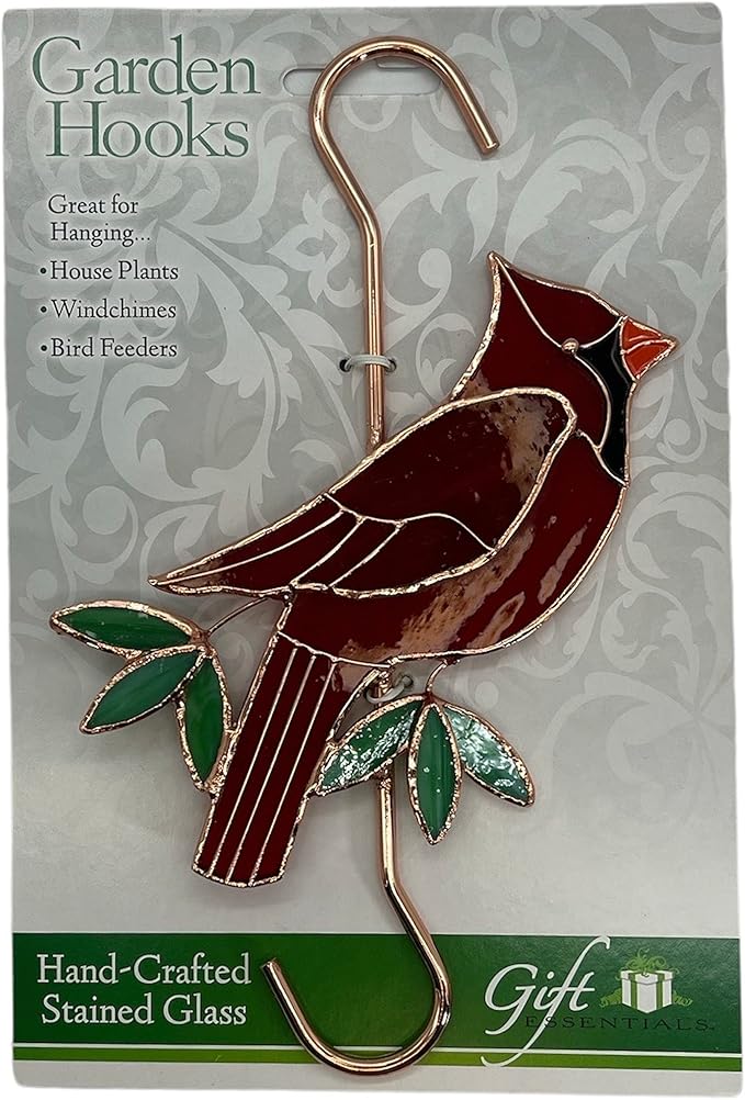 Stained Glass Hanging Plant Hook - Red Cardinal Sun Catcher with Copper S Hooks Top and Bottom for Indoor and Outdoor Use