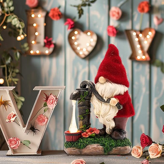 TERESA'S COLLECTIONS Resin Garden Gnomes Decor with Solar Lights, Red Outdoor Decorations for Porch Patio, Gifts for Women and Men,Outdoor Garden Decor Ornaments for Outside, 9"