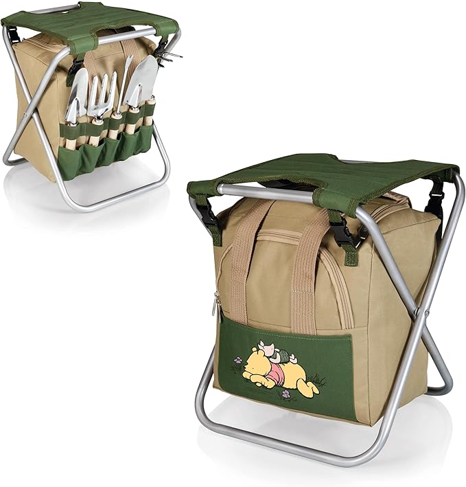 PICNIC TIME Disney Winnie The Pooh Gardener Folding Seat with Tools, Folding Chair Seat with GardenTools Set Organizer, (Olive Green with Beige Accents)