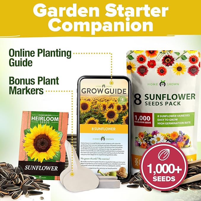 HOME GROWN Sunflower Seeds for Planting (8 Unique Varieties) 1000+ Sun Flower Seeds to Plant - Grow Dwarf Sunflowers, Mexican Sunflowers, Wild, Lemon Queen, Autumn Beauty, Sunspot, Velvet Queen