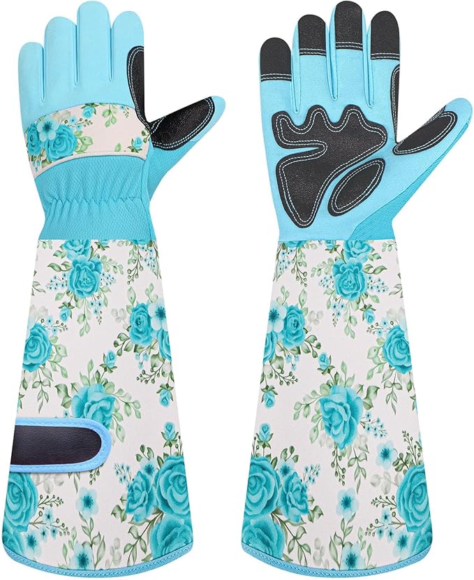 DLY Gardening Gloves for Women, Rose Gloves Gardening Thorn Proof, Long Garden Gloves for Women, Breathable & Durable Leather Gauntlet (Medium, Light Blue)