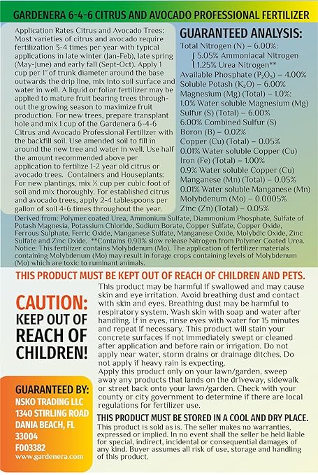 Premium Citrus and Avocado Fertilizer (6-4-6) by Gardenera - Enhance The Health and Flavor of Your Citrus and Avocado Fruits - 3 QUARTS