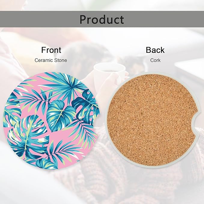 Tropical Pink Palm Leaves Car Coasters,Ceramic Absorbent Cup Holders with Finger Notch & Cork Base Car Assecories for Women/Men 2.6"(2 Pieces)