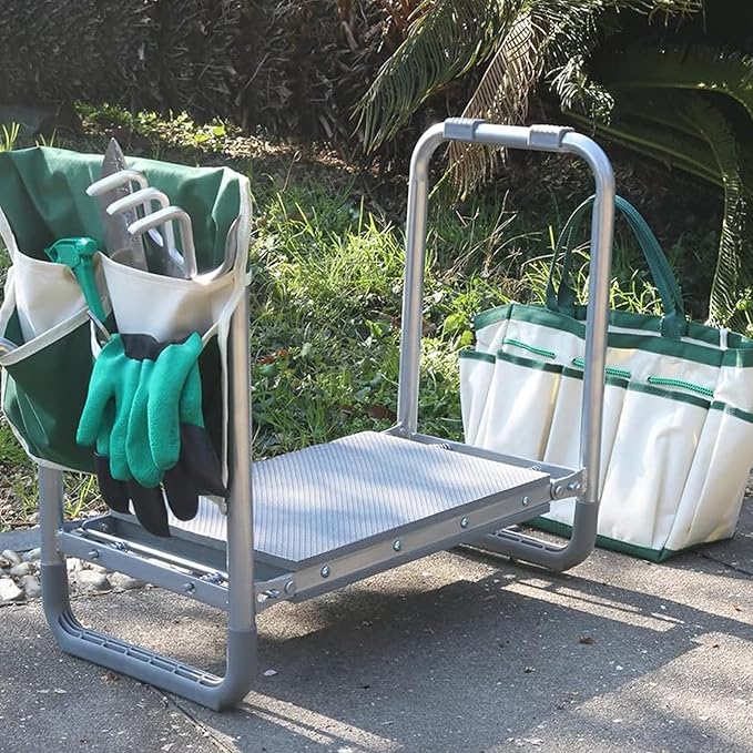 PLKO Multifunctional Garden Kneeler and seat Heavy Duty,Foldable Garden Bench for Kneeling and Sitting with Soft EVA Kneeling Pad and Large Tool Bag for Gardening Lovers