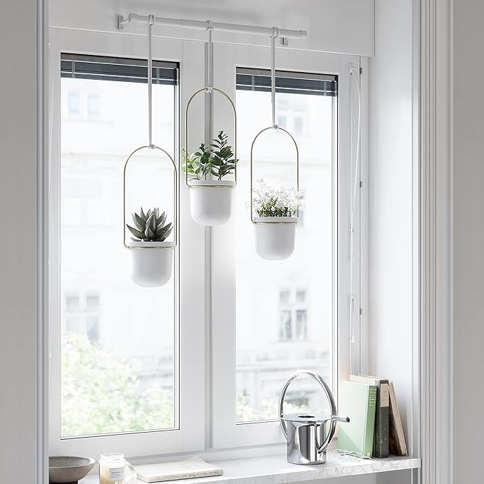Umbra Triflora Hanging Planter for Window, Indoor Herb Garden, Set of 3, White/Brass