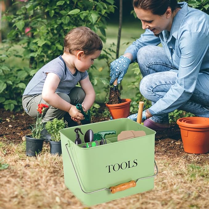 Metal Garden Tool Caddy, 3 Compartments Garden Tool Organizer with Handle, Garden Tool Box for Indoor and Outdoor, Gardening Tool Kit Holder Empty, Gardening Supplies, Gardener Gift (Green)