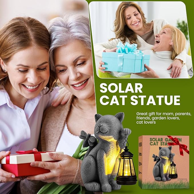 Solar Garden Outdoor Statues Cat with Solar Lantern,Outdoor Cat Figurines Decorations,Lawn Decor Rabbit Statue for Patio, Balcony, Yard Ornament,Unique Housewarming and Birthdays Gifts for Mom Women