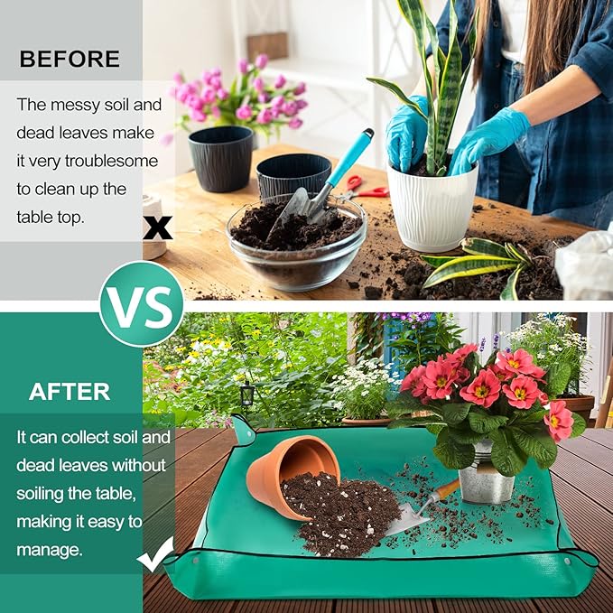 Plant Repotting Mat Waterproof Transplanting Floor Mat Indoor Gardening Potting Succulents Mat Portable Tray with Gardening Gloves - 39.4" x 29.5"