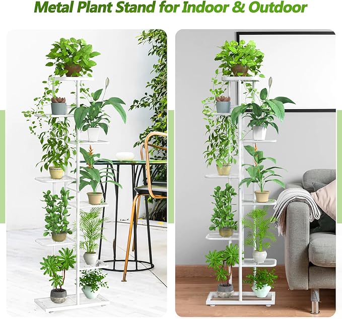 Corner Plant Stand Indoor 8 Tier 9 Potted with Gardening Tools and Gloves, Upgraded Tall Metal Plant Shelf Organizer Outdoor, Multiple Flower Pot Holder Display Rack for Patio, (8 Tier-White)