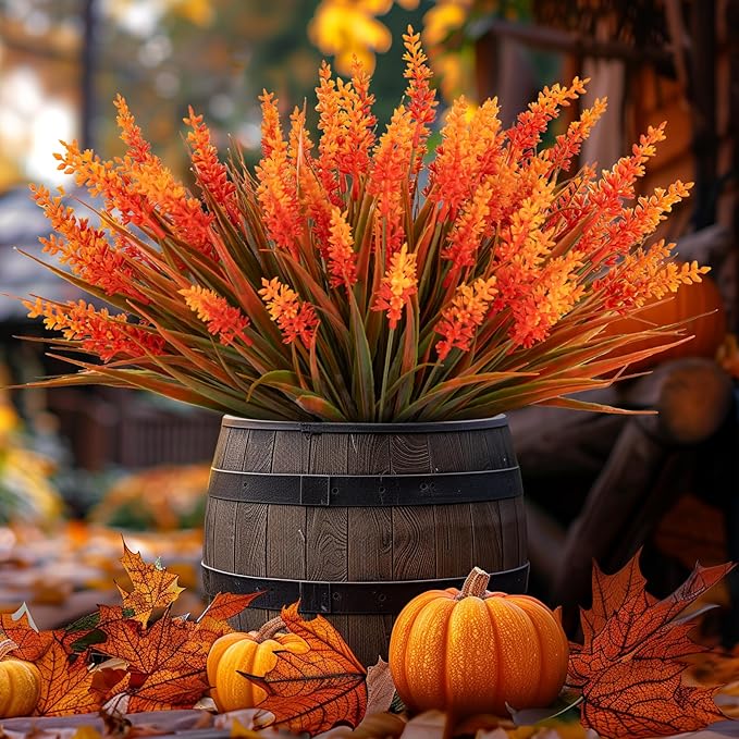 Artificial Fall Flowers for Outdoor Plants 24 Bundles Fake Lavender Plastic Faux Monkey Grass for Verandah Window Garden Office Patio Front Porch UV Resistant for Planter(Autumn Orange)