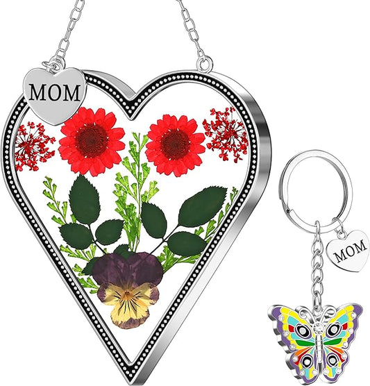 KY&BOSAM Heart Suncatcher Mom Gifts Glass Butterfly Suncatchers for Window Hanging with Pressed Flower Between Heart in Glass and Metal Charm Gifts for Mom Mother's Day Valentine's Birthday Christmas