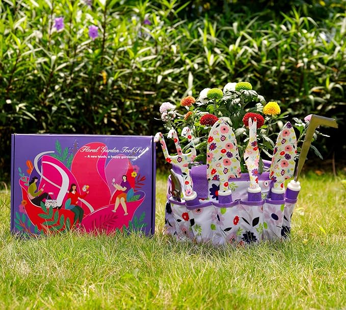Floral Purple Garden Tool Set Gardening Gifts for Women,Garden Pruning Shears Set,Heavy Duty Gardening Tools Kit,Storage Tote Bucket Bag Organizer,Birthday Gifts for Her
