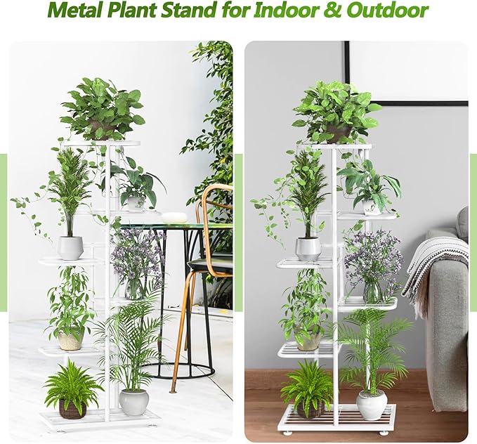 6 Tier 7 Potted White Plant Stand Indoor Outdoor with Gardening Tools and Gloves, Upgraded Corner Metal Plant Rack UnitShelf for Multiple Plants,Tall Flower Pot Holder Display for Patio, Balcony, Living Room