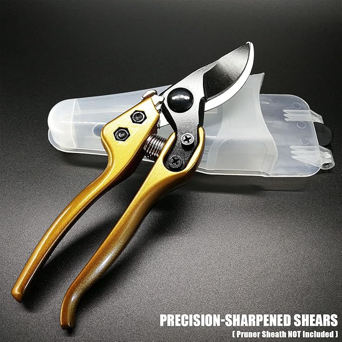 BUGUI 8" Heavy-Duty Pruning Shears, Professional Bypass Gardening Scissors, 1" Cutting Capacity, Sharp Garden Clippers with Low-friction Painted Stainless Steel Blade (Gold)