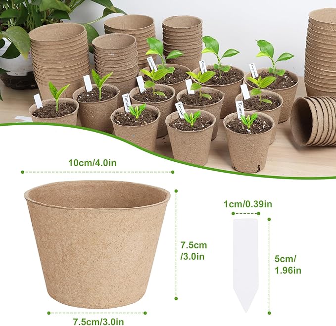 130 Pcs Organic Peat Pots, 4 Inch Nursery Pot Set, Round Plant Seedling Pots with Drainage Holes, Small Seed Starting Starter Tray Bulk, Garden Germination Container with 130 Plant Labels