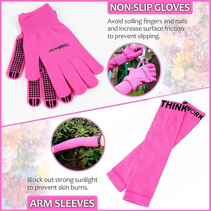 THINKWORK Pink Garden Tools, Gardening Gifts for Women, with 2 in 1 Detachable Storage Bag, Trowel, Transplanter, Rake, Weeder, Cultivator, Purning Shears and 3 Additional Protection Tools