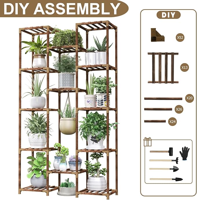 HOMKIRT Tall Plant Stand Indoor Outdoor, 13 Tier Large Plant Shelf Rack Holder for Multiple Plants, Flower Stand for Hanging Planters for Patio, Porch, Living Room, Balcony, Garden