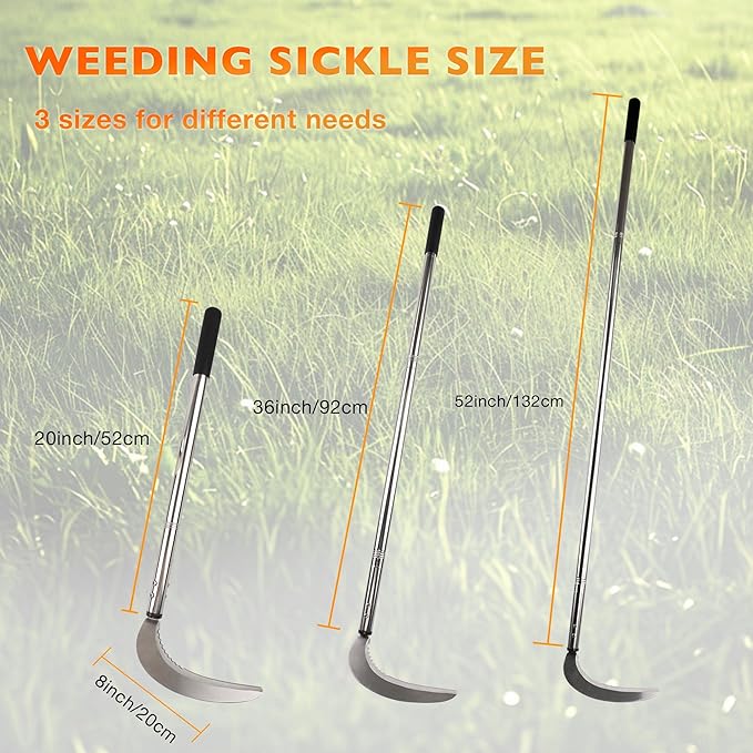 HQPASFY Weeding Sickle Set, Long Handle Sickle with Serrated Double-Edged Blade, Grass Sickle Stand Up Weeding Tool with 2 Pack Leaf Scoops, 16 Gallon Lawn Bag with Gardening Gloves for Yard