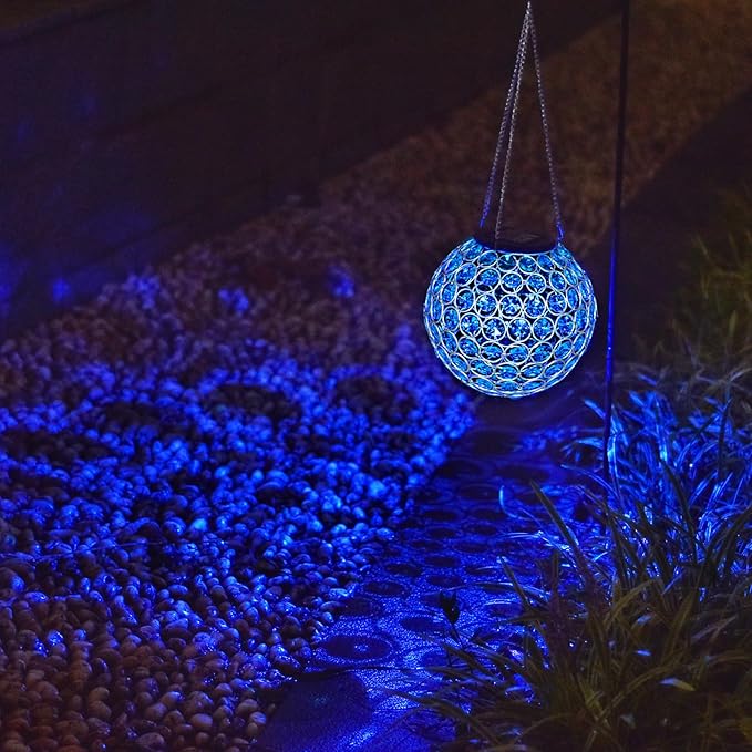 Solar Lantern Hanging Outdoor Christmas Decorative, Dual LEDs Color Changing and Blue Crystal Globe Lamp Hanging Light Waterproof with S Hook Decor in Garden, Pathway, Front Door- Blue