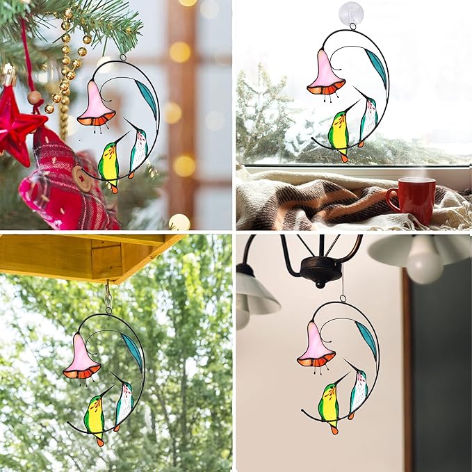 Lolitarcrafts Hummingbird with Flower Stained Glass Suncatcher Bird Stained Glass Window Hangings Hummingbird Gift for Home Decor (Green 1 Pair)