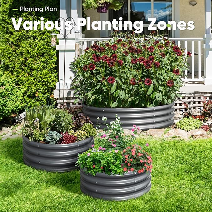KING BIRD Raised Garden Bed Galvanized Round Planter Box Outdoor for Gardening, Plants, Vegetables, Flowers, Dark Grey, 47x47x12 in 2 Packs