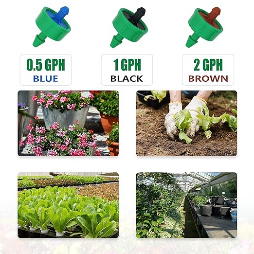 0.5 GPH Drip Irrigation Emitters Pressure Compensating Drippers Constant Flow Heads Parts Garden Flower Pots Plants Systems Dig Kit for 1/4 Inch Watering Tubing Line 50-Pack, 1/2 GPH
