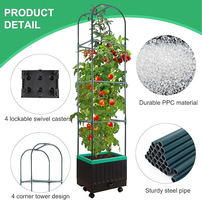 Raised Garden Bed with Self Watering Garden Pots, Planter Box with Trellis for Climbing Plants Vegetable Vine Flowers, Tomato Cage Planter for Indoor Outdoor Yard Greenhouse Use