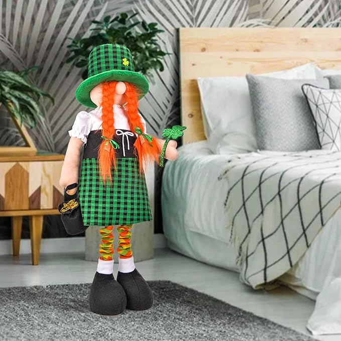 Large St Patricks Day Gnome Plush Decorations Outdoor, Cute Standing Saint Patricks Day Gnomes Gift Decor with Retractable Spring Legs, Placed Outside Yard/Porch/Garden/Indoor/Home/Office
