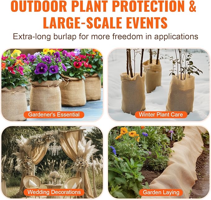 VEVOR Burlap Fabric Roll, 40” x 75 ft High Density Natural Jute Fiber Material for Outdoor Plant Care, Tree Wrap Roll, Decor, DIY Crafts, Wedding, Garden Weed Barrier, Plants & Trees Winter Covering