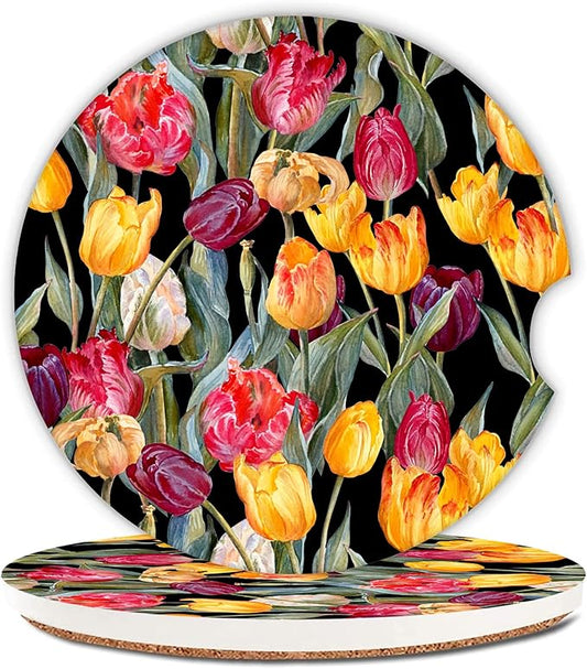 Colorful Tulips Flower Car Coasters,Ceramic Absorbent Cup Holders with Finger Notch & Cork Base Car Assecories for Women/Men 2.6"(2 Pieces)