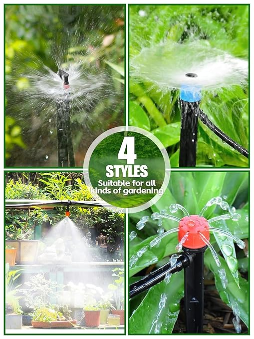 250FT Drip Irrigation Kit with Rotating Nozzle, Kalolary 1/4" 1/2" Automatic Garden Watering System with 4/7mm 16mm PE Tube Adjustable Micro Water Sprinkler Equipment for Patio Lawn Flower Bed