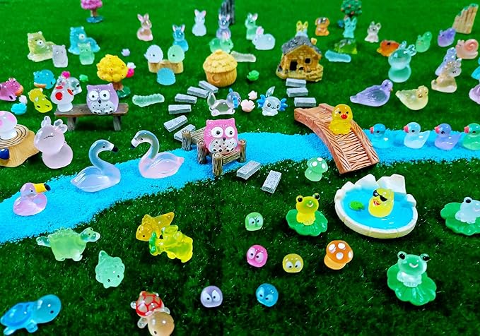 Luminous Woodland Mini Resin Animals Figures 100 Pcs Glow in The Dark Tiny Plastic Animals Small Little Miniature Animals Figurines for Hiding Miniature Fairy Garden Accessories