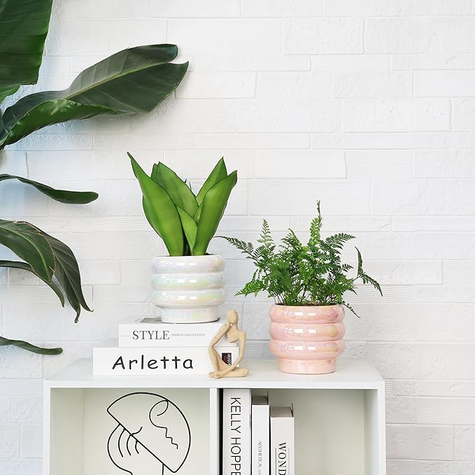 5.7 Inch +4.1 inch 2 pcs Ceramic Plant Pots for Indoor Plants, Rainbow Pearl Glaze Planter with Planters for Plants with Drainage Hole, Orchid Pots, Succulent Pot, Flower Pot (Pink)