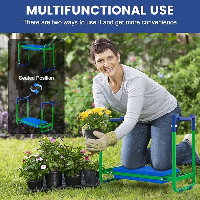 Heavy Duty Garden Kneeler and Seat, Convertible 2-in-1 Design with Thick EVA Cushion & Large Tool Bag, Support for Knee & Back Pain Relief, Durable Gardening Stool for Weeding, Planting