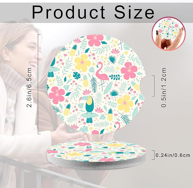 Tropical Flamingo Hibiscus Pineapple Car Coasters,Ceramic Absorbent Cup Holders with Finger Notch & Cork Base Car Assecories for Women/Men 2.6"(2 Pieces)