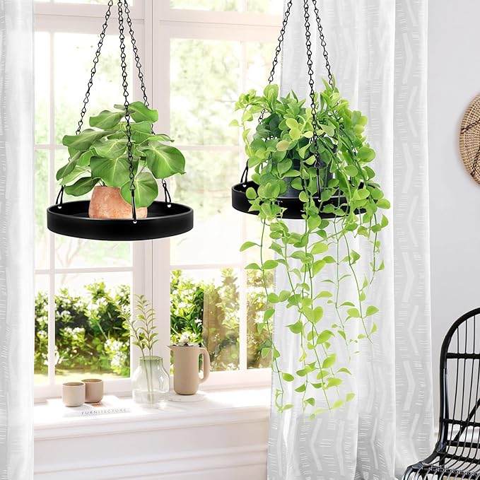 Plant Hanger Indoor Outdoor, Hanging Planter Baskets for Outdoor Indoor Plants, Hanging Plant Holder, Hanging Tray for Plants, Metal Window Plant Hanger, Black Hanging Plant Shelf, 1 Pack