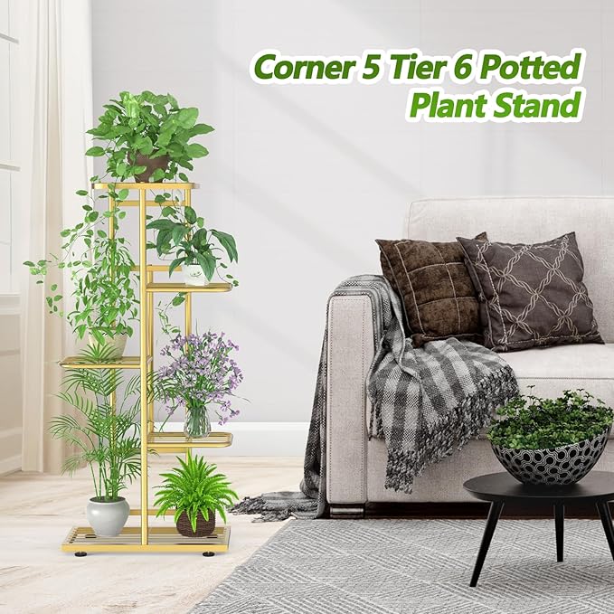 5 Tier 6 Potted Gold Plant Stand Indoor Outdoor with Gardening Tools and Gloves, Upgraded Corner Metal Plant Rack Units Shelf for Multiple Plants, Flower Pot Holder Display for Patio, Balcony, Living