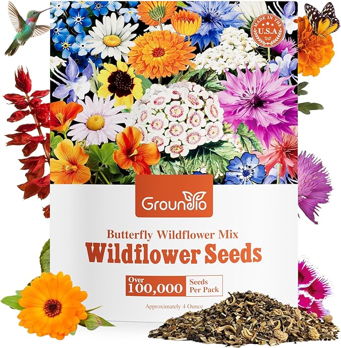 Wildflower Seeds Bulk, 4 Oz, 100,000+ Seeds, 26 Variety Flowers Seeds Mix Seeds for Planting, Annual Perennial Butterfly Garden Seeds for Attracting Birds and Bees
