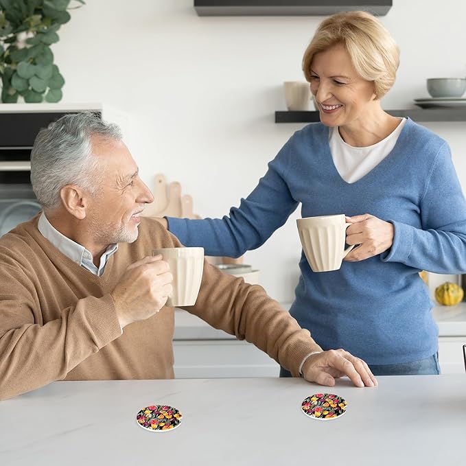 Colorful Tulips Flower Car Coasters,Ceramic Absorbent Cup Holders with Finger Notch & Cork Base Car Assecories for Women/Men 2.6"(2 Pieces)