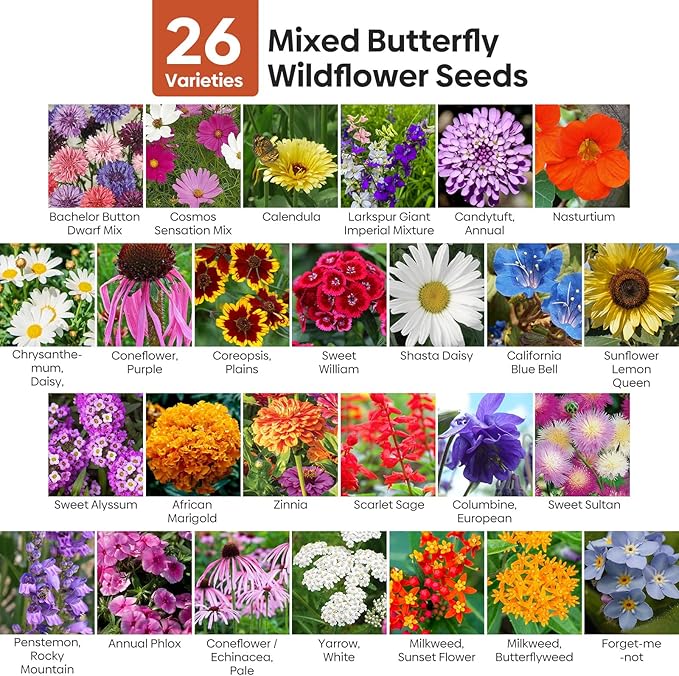 Wildflower Seeds Bulk, 4 Oz, 100,000+ Seeds, 26 Variety Flowers Seeds Mix Seeds for Planting, Annual Perennial Butterfly Garden Seeds for Attracting Birds and Bees