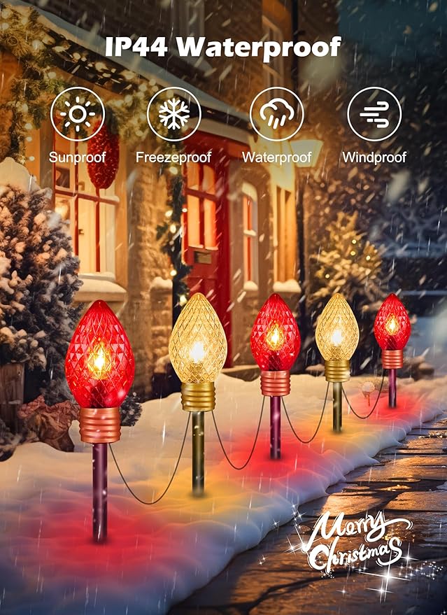 Moonflor Strawberry Jumbo C9 Christmas Pathway Lights Outdoor - 8.5FT 5 LED C9 Walkway Lights Outdoor, Christmas Decoration Outside, Christmas Lights Outdoor for Lawn Holiday Yard, Red & Warm White