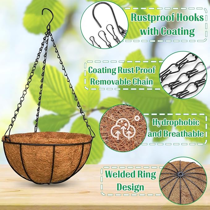 ZeeDix 3 Pack 10 Inch Metal Round Hanging Planter Basket with Coconut Liners Replacement, Hanging planters Baskets with Natural Coco Liner for Outdoor Indoor Planters Flowers Vegetables